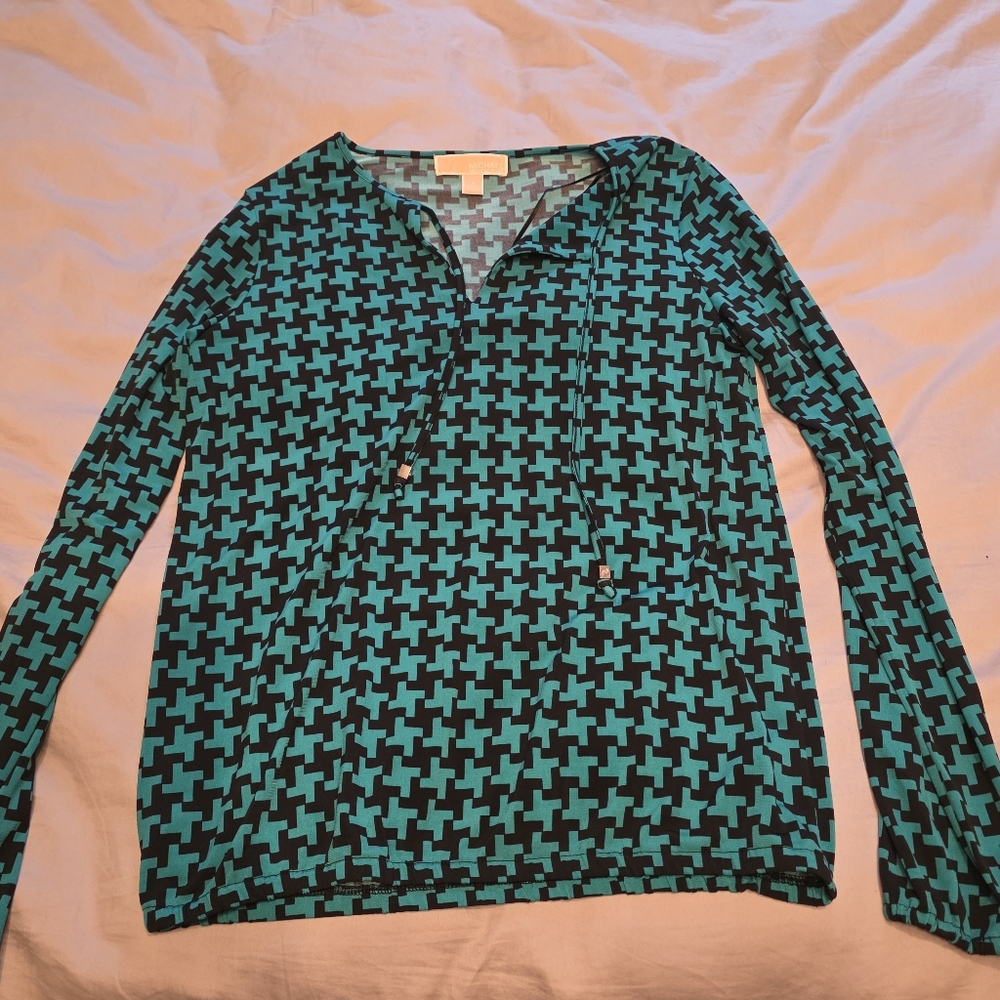 Michael Kors Teal and Black Patterned Top